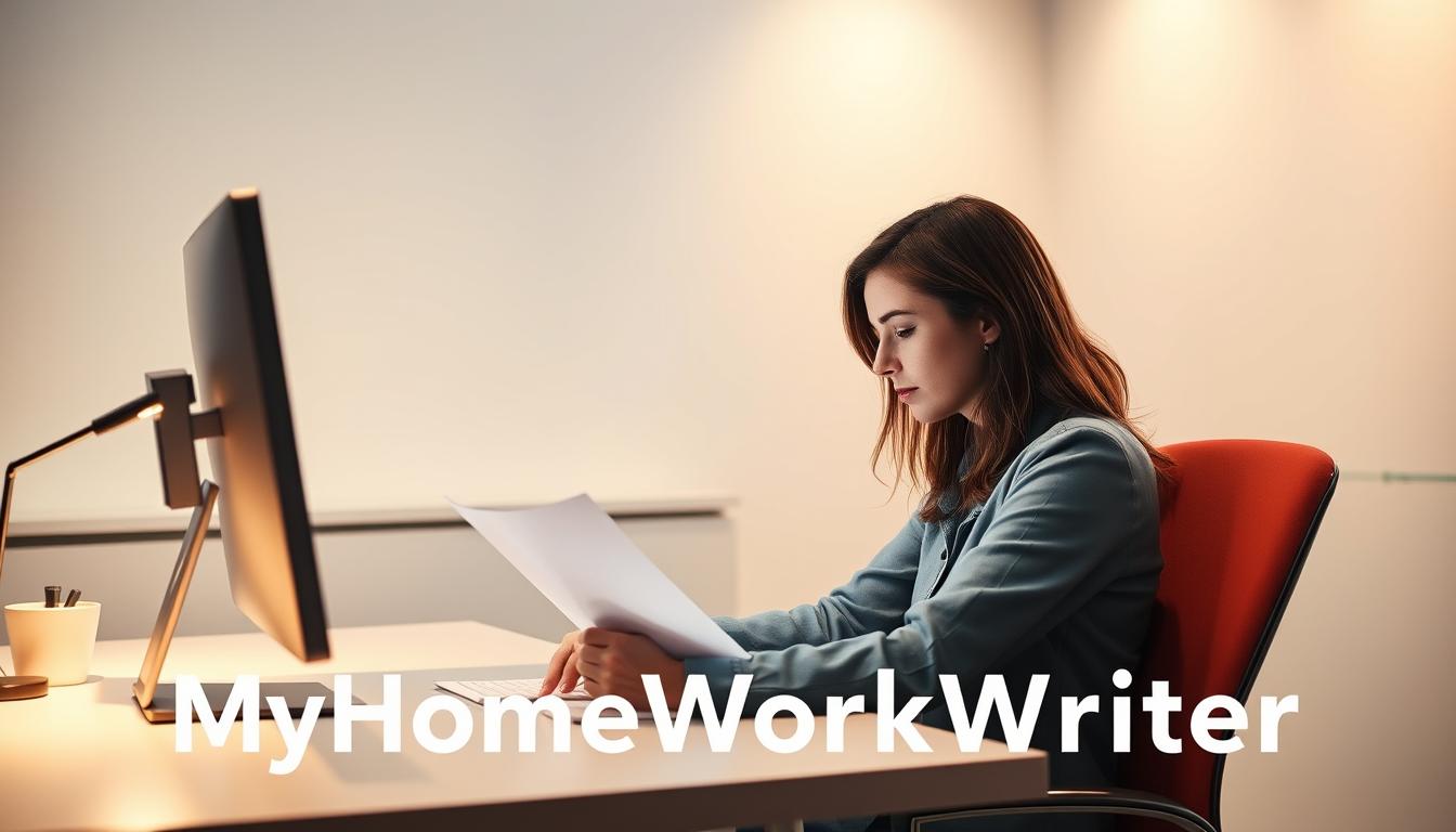 A beautifully lit, minimalist office setting, with a woman sitting at a desk, deeply focused on her computer screen as she meticulously proofreads a document. Soft, warm lighting casts a serene glow, while the background features clean lines and a simple, elegant aesthetic. The woman's expression conveys a sense of expertise and attention to detail, embodying the importance of choosing the right proofreading service. In the foreground, the &amp;quot;MyHomeWorkWriter&amp;quot; brand name is subtly displayed, suggesting a reliable and professional proofreading solution.