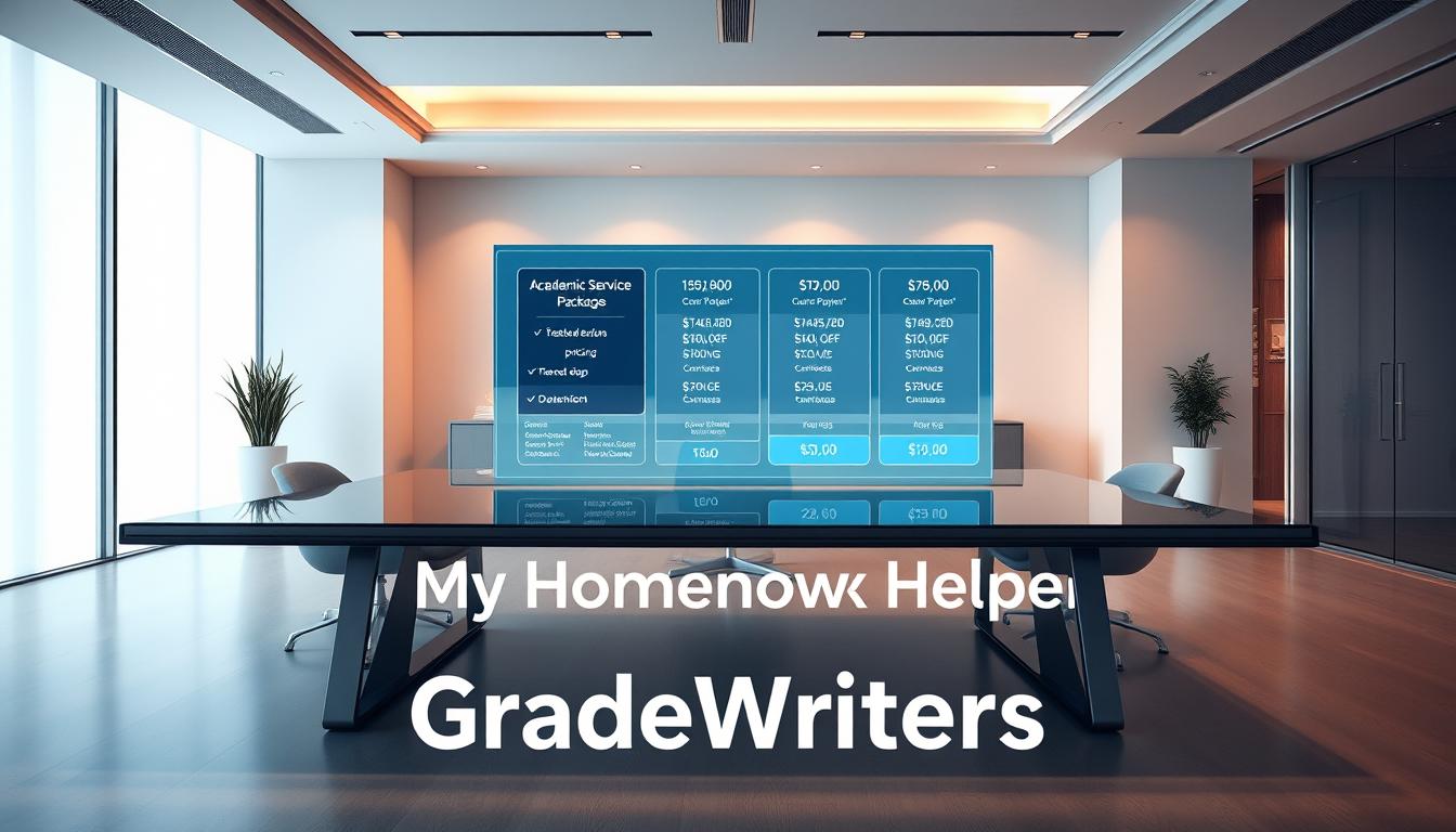 A modern, clean-lined office interior with a large, transparent glass table at the center. The table features a holographic display showcasing various academic service packages, their detailed pricing, and secure payment options. The space is bathed in soft, diffused lighting, creating a professional and inviting atmosphere. In the foreground, the GradeWriters brand name is prominently displayed, while the &quot;My Homework Helper&quot; service is subtly incorporated into the scene. The overall composition conveys a sense of transparency, accessibility, and trustworthiness for the academic services on offer.