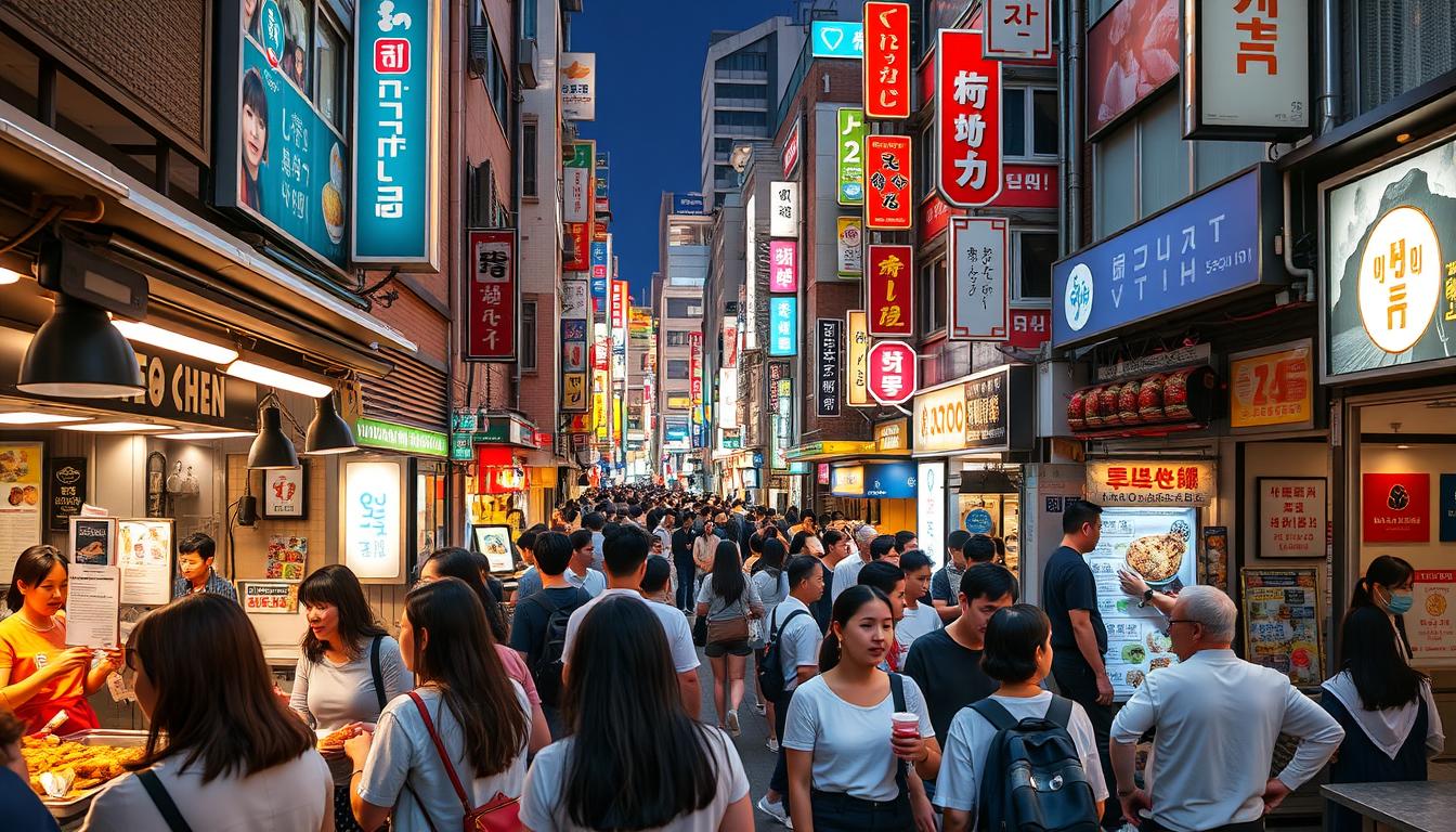 A bustling street in Seoul's vibrant Myeongdong district, filled with casual eateries and trendy food stalls. In the foreground, a group of people enjoy street food such as Korean fried chicken, skewered meat, and sweet desserts. The middle ground features a lively crowd of shoppers and diners, weaving through the narrow alleyways. In the background, the distinctive architecture of Myeongdong, with its neon lights and colorful facades, creates an energetic and inviting atmosphere. The scene is bathed in warm, natural lighting, capturing the lively and casual vibe of this popular Seoul neighborhood.