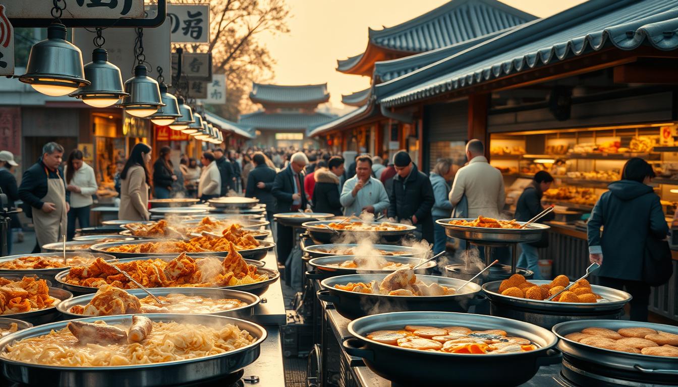 A vibrant outdoor scene showcasing the traditional Korean street food and gourmet delicacies of the Dongdaemun Sunday sky market. In the foreground, a bustling array of sizzling hotplates and steaming pots overflowing with an enticing variety of Korean delicacies - from fragrant tteokbokki and delectable fried chicken to savory Korean pancakes and skewered fish cakes. The middle ground features a lively crowd of locals and tourists sampling the mouthwatering fare, while the background depicts the iconic market stalls and traditional Korean architecture bathed in the warm, golden glow of the afternoon sun. The overall atmosphere radiates the vibrant energy and rich cultural heritage of Korean street food culture.