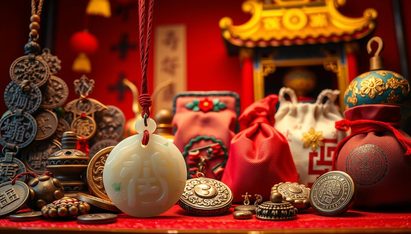An intricate collection of traditional Taiwanese talismans and amulets, showcased against a backdrop of vibrant red and gold. In the foreground, a delicate jade pendant in the shape of a ruyi scepter, symbolizing good fortune. Surrounding it, a variety of intricate charms and trinkets, each with its own unique design and purpose - from ornate coin-like tokens to intricately carved wooden figures. The middle ground features a selection of handcrafted pouches and pouches, their intricate embroidery and vibrant colors evoking the rich cultural heritage of Taiwan. In the background, a subtle hint of ornate temple architecture, hinting at the sacred and spiritual nature of these protective objects. Soft, warm lighting illuminates the scene, creating a sense of mysticism and wonder.