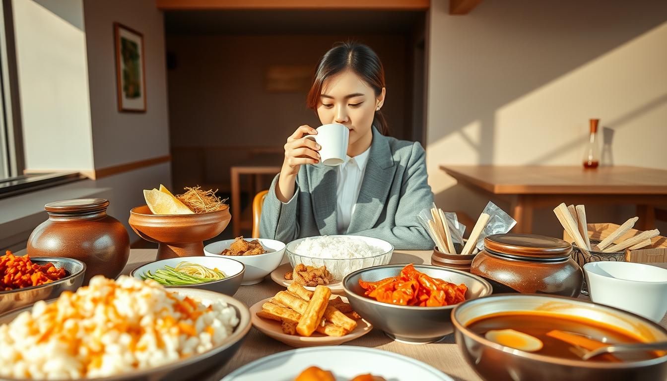 A modern Korean breakfast scene, captured in warm, natural lighting. The foreground features a table laden with a variety of traditional Korean dishes, such as steaming bowls of seasoned rice, savory banchan, crisp kimchi, and a fragrant bowl of hearty soup. In the middle ground, a stylish young Korean woman elegantly sips her morning coffee, her attention focused on the delectable spread before her. The background reveals a minimalist, contemporary interior design with clean lines and earthy tones, creating a harmonious and inviting atmosphere. The overall impression conveys the refined sophistication of contemporary Korean breakfast culture.