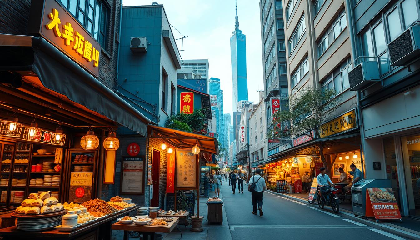 A tranquil street scene in downtown Taipei, Taiwan, bathed in warm evening light. In the foreground, a cozy family-owned restaurant showcases an array of mouthwatering Taiwanese delicacies - steaming dumplings, sizzling stir-fries, and delicate desserts. The middle ground features quaint shop fronts and bustling local markets, while the background is dotted with towering skyscrapers and the iconic Taipei 101 building. The scene exudes a sense of leisurely exploration, where 50-something travelers can savor the flavors and atmosphere of Taiwan at their own pace, immersed in the vibrant cultural tapestry of this captivating island nation.