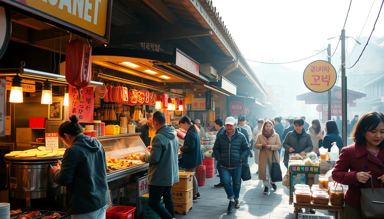 Early morning at a traditional Korean market, bustling with activity. Colorful stalls offering an array of freshly prepared local dishes - steaming savory pancakes, crisp kimchi, sizzling street food, and fragrant brewed teas. Vendors enthusiastically invite passersby to sample their wares, creating a lively atmosphere filled with the tantalizing aromas of authentic Korean cuisine. Warm natural lighting filters through the covered market, casting a cozy glow over the scene. Shoppers weave through the aisles, immersed in the authentic experience of a true Korean breakfast culture.