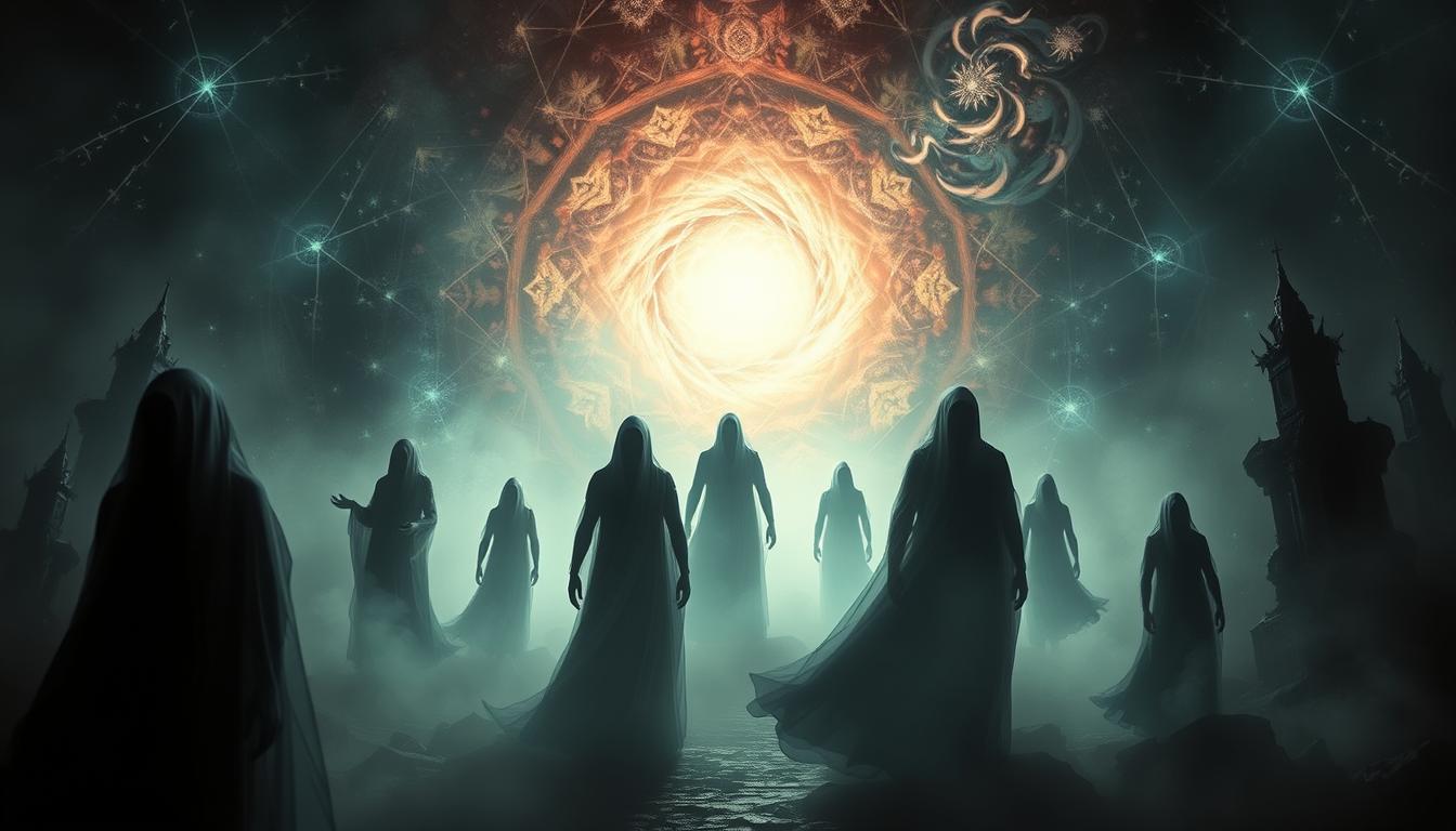 A mysterious, interdimensional realm where shadowy entities dwell, lit by an ethereal, otherworldly glow. In the foreground, ghostly figures emerge from the mist, their forms indistinct and shifting. Surrounding them, a kaleidoscope of geometric shapes and patterns, hinting at the complex, fractal nature of these dimensional realms. In the background, a swirling vortex of energy, portals to unknown worlds. The atmosphere is one of wonder, mystery, and a touch of unease, as the viewer is drawn into this liminal space between dimensions.