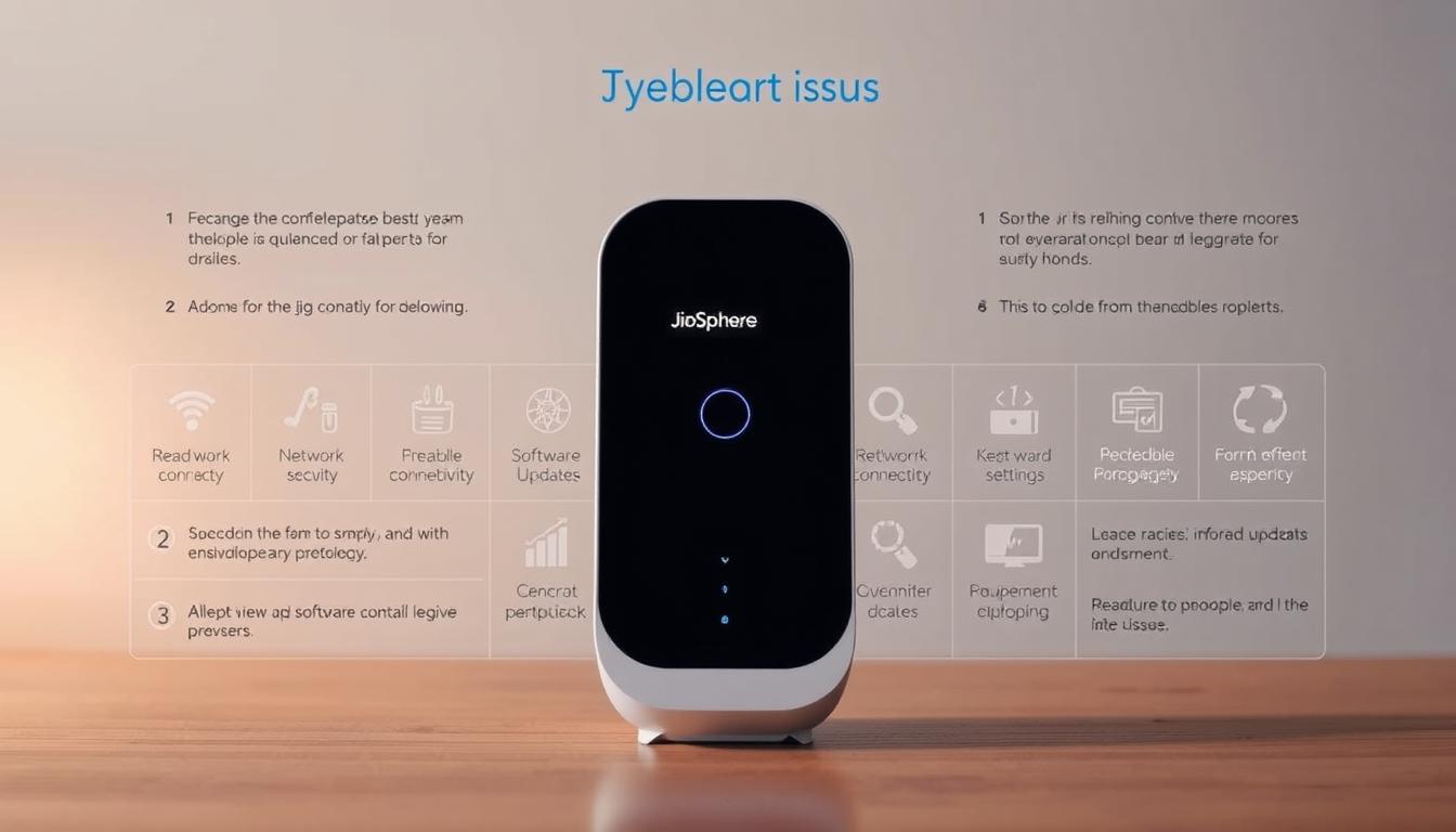 A detailed troubleshooting guide for the JioSphere device, showcasing a clean and professional layout. The foreground features the JioSphere device prominently, with a soft focus and warm lighting to create a welcoming atmosphere. The middle ground displays various icons and graphics representing common issues, such as network connectivity, software updates, and device settings. The background has a subtle gradient or texture, conveying a sense of technical expertise and reliability. The overall tone is informative, user-friendly, and visually appealing, reflecting the attention to detail and problem-solving nature of the JioSphere Troubleshooting Guide.