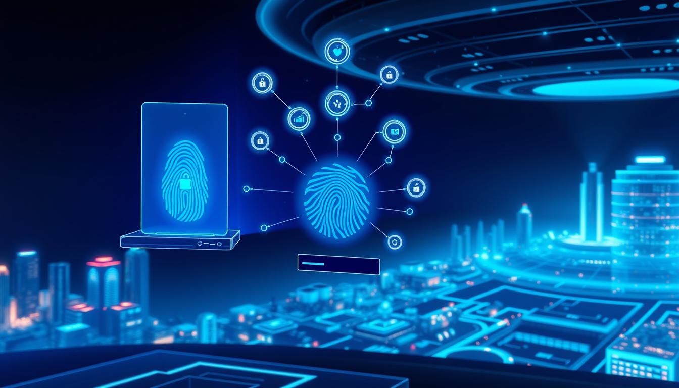 A sleek, futuristic interface depicting the user authentication process for the JioSphere browser. In the foreground, a holographic fingerprint scanner hovers over a minimalist login screen, its blue glow reflecting off the user's face. In the middle ground, various security protocols are visualized as floating data nodes, interconnected by glowing cybersecurity protocols. The background showcases a vast, layered digital landscape, with towering data centers and a secure, encrypted network spanning the horizon, all bathed in a cool, neon-tinged lighting scheme that conveys a sense of technological sophistication and robust security measures.
