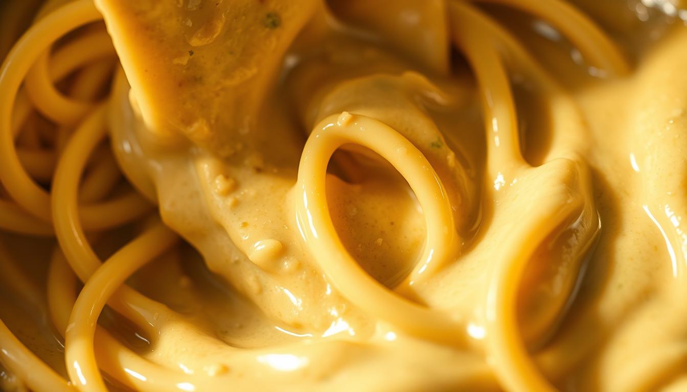 A close-up view of a creamy, silky pasta sauce being swirled and folded into freshly cooked al dente pasta. The sauce has a lush, velvety texture, with a glossy sheen and subtle parmesan notes. The scene is illuminated by soft, warm lighting, casting gentle shadows and highlights that accentuate the sauce's luxurious consistency. The composition focuses on the technique, with the pasta strands gently enveloped by the rich, aromatic sauce. The overall mood is one of culinary expertise and mouthwatering anticipation, inviting the viewer to imagine the delightful flavors and textures of the perfect pasta dish.