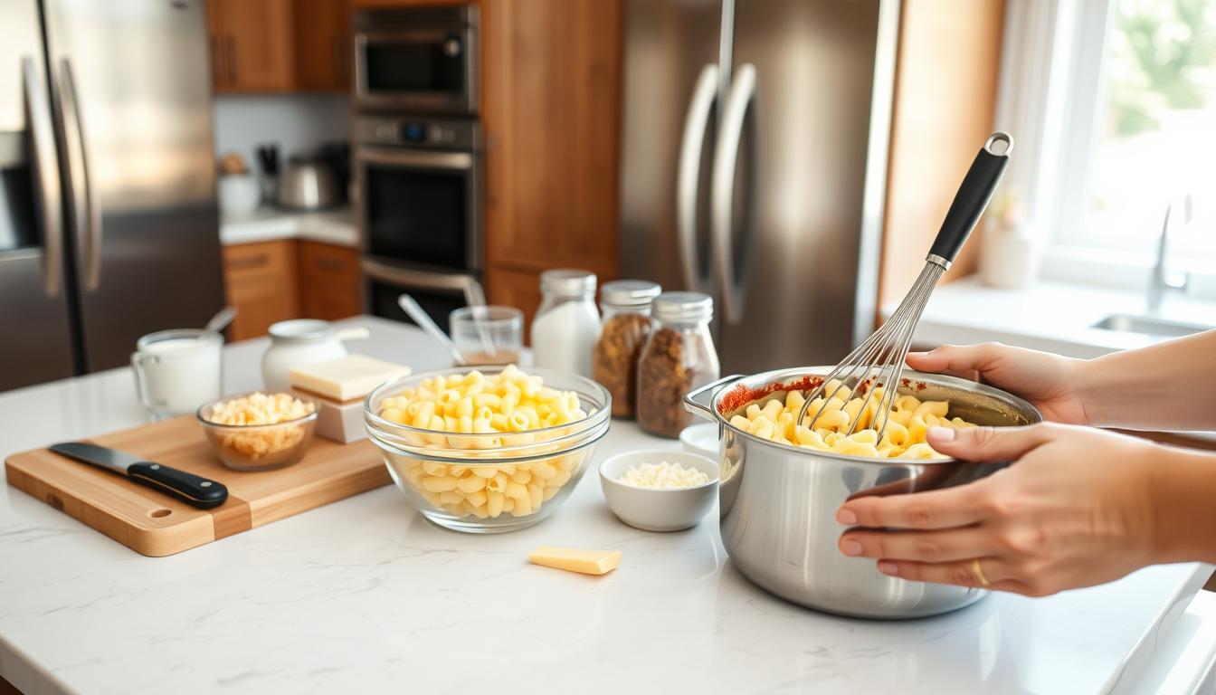 A well-lit kitchen counter with a cutting board, a bowl of elbow macaroni, a saucepan, a whisk, and various ingredients like milk, butter, and shredded cheese. In the foreground, a pair of hands expertly combining the ingredients, stirring the macaroni in the saucepan. In the middle ground, a stack of measuring cups and spoons, and a jar of spices. The background features a tidy, modern kitchen with stainless steel appliances and natural light streaming in through a window. The overall scene conveys a sense of focused, step-by-step preparation, with attention to detail and a commitment to creating a delicious, homemade Chick fil A-inspired mac and cheese dish.