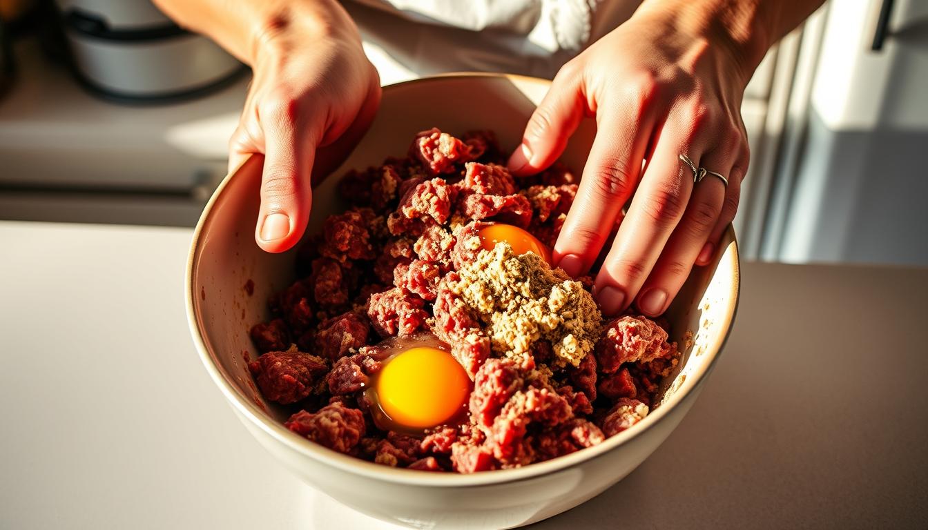 Mixing meatloaf ingredients with hands