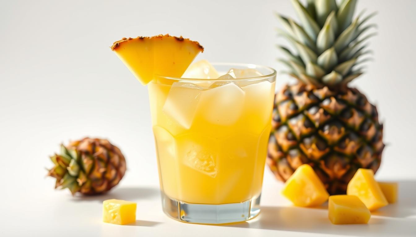 Fresh pineapple juice in a glass with ice and pineapple slices