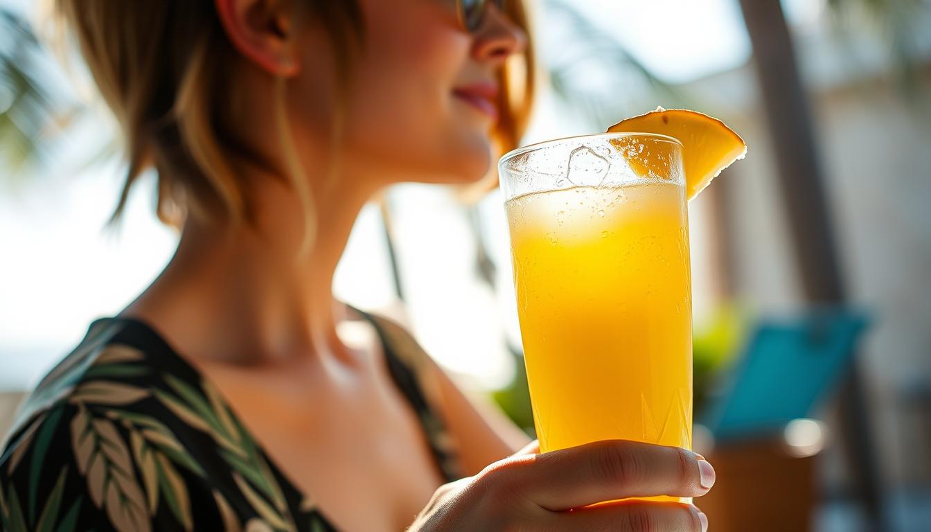Person enjoying fresh pineapple juice outdoors