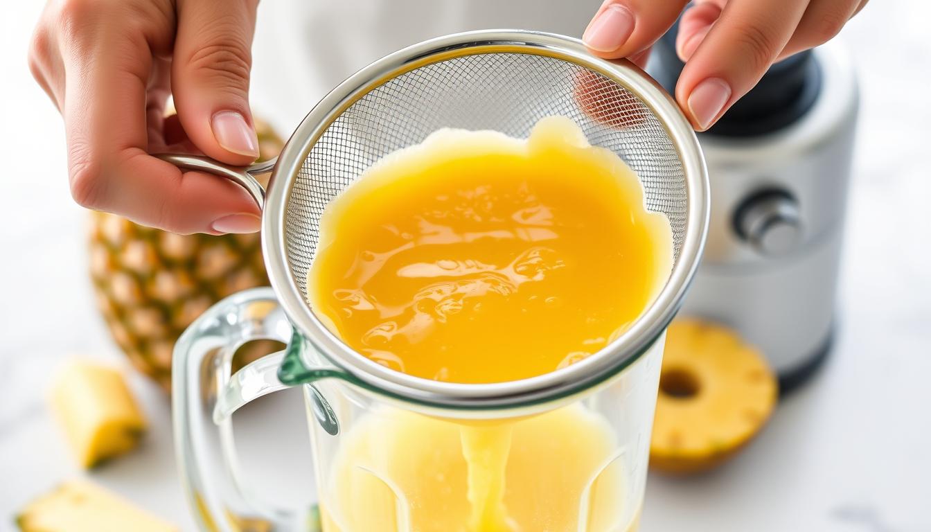 Freshly made pineapple juice being strained into a pitcher