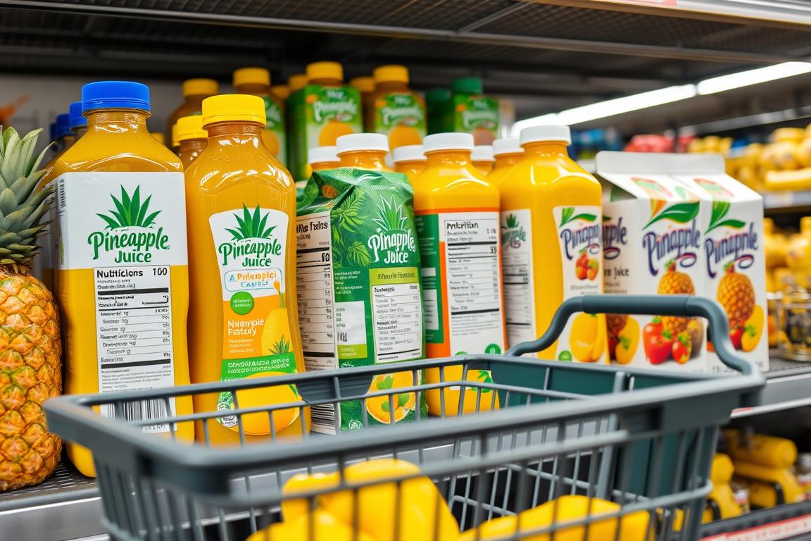 Various pineapple juice products on store shelf with shopping basket