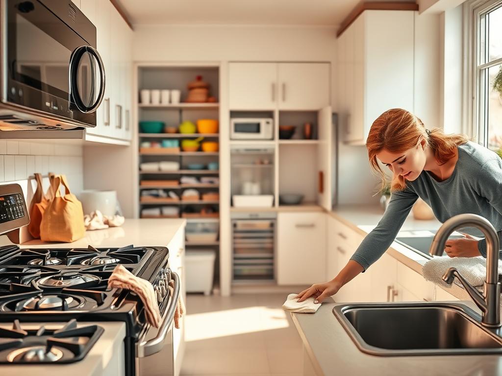 A bright, well-lit kitchen scene featuring a person thoroughly cleaning household appliances and surfaces. In the foreground, they diligently wipe down a stove, oven, and microwave with a cleaning cloth, removing grease and grime. In the middle ground, they scrub a kitchen counter and sink, ensuring a spotless finish. The background showcases an organized pantry and cabinets, conveying a sense of order and cleanliness. Warm, natural lighting floods the space, creating a refreshing, tranquil atmosphere. The person's movements and expressions suggest a focus on thorough, meticulous cleaning, reflecting the care and attention needed to maintain pristine household surfaces and appliances.