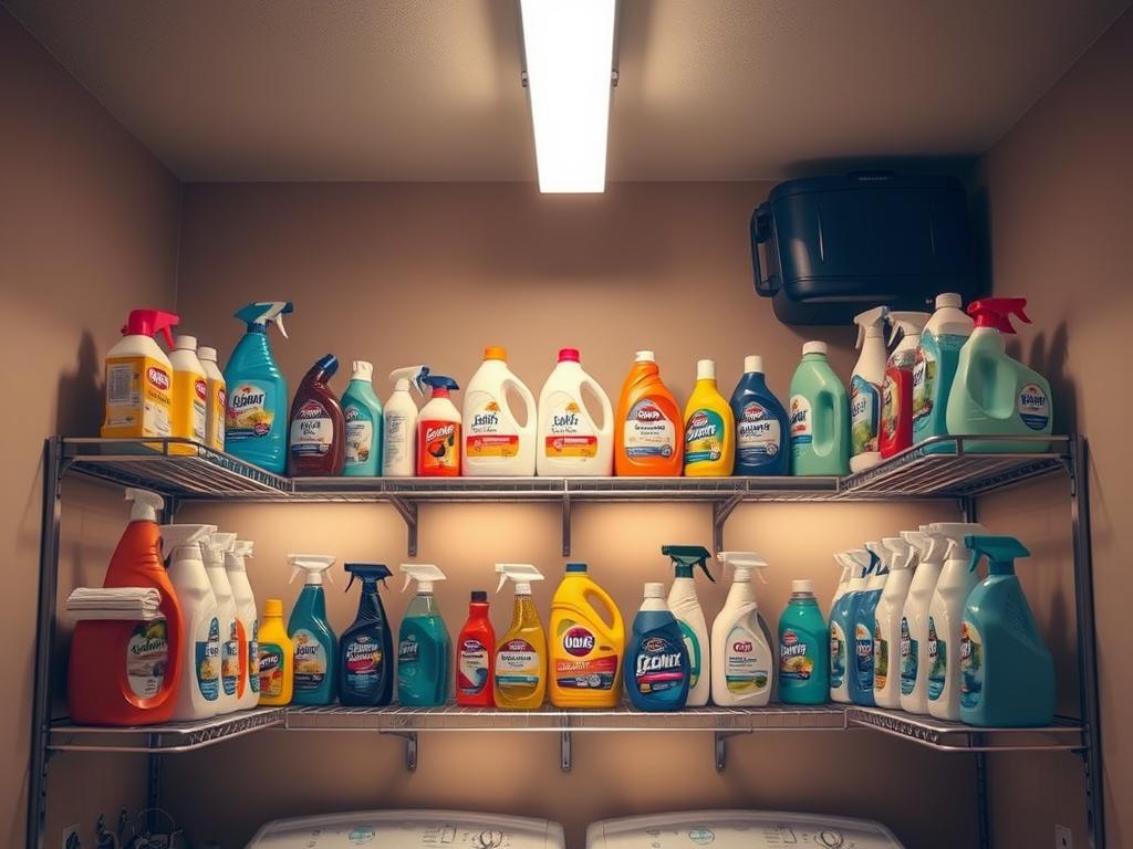 A well-lit, neatly organized storage area showcasing various cleaning products arranged on sturdy shelves. The products are displayed in a symmetrical, visually appealing manner, with clear separation between different categories. Soft, diffused lighting from overhead fixtures casts a warm, inviting glow, accentuating the vibrant colors and textures of the containers. The scene conveys a sense of order, safety, and attention to detail, reflecting the responsible storage of these household chemicals. The background features neutral-toned walls, suggesting a dedicated utility or laundry room setting, further emphasizing the practical and functional nature of the space.