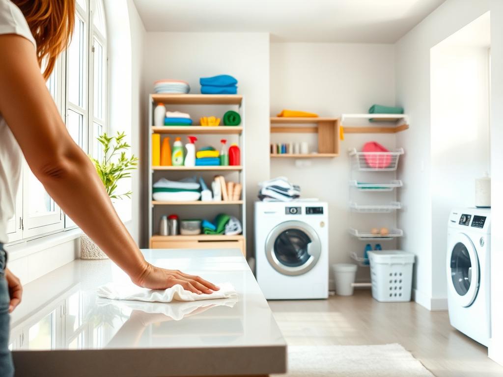 A bright and airy room with a large window letting in natural light. In the foreground, a person meticulously wiping down a clean kitchen counter with a white cloth, their movements deliberate and focused. On the middle ground, shelves neatly stocked with cleaning supplies - spray bottles, sponges, and rags in an array of colors. The background features a tidy laundry area, with a washing machine and drying rack, a reminder of the daily routine of maintaining a clean and organized home. The overall atmosphere is one of calm, efficiency, and a sense of pride in a well-kept living space.