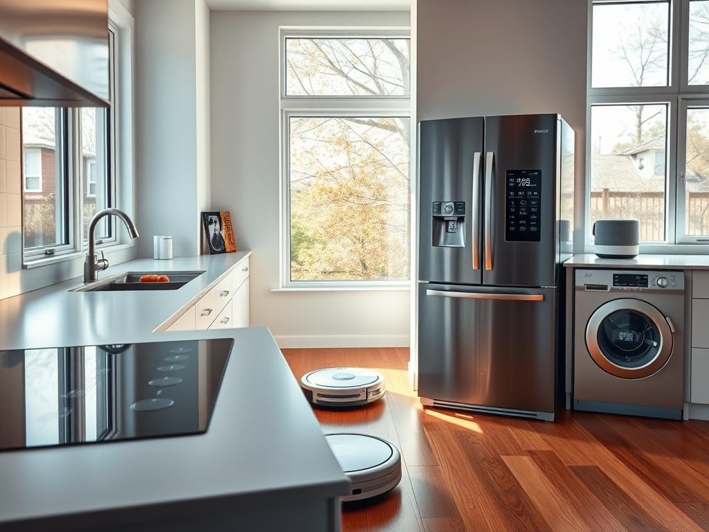 A sleek and modern kitchen interior, flooded with warm, natural lighting from large windows. In the foreground, a state-of-the-art smart refrigerator with touch-screen display and advanced energy-saving features. To the left, a high-tech induction cooktop with precision controls and innovative cooking modes. In the middle ground, a robotic vacuum cleaner navigates the hardwood floors, and a voice-controlled smart speaker sits on the countertop. In the background, a futuristic dishwasher with built-in water recycling and eco-friendly cycle options. The overall atmosphere conveys a sense of effortless sophistication and technological innovation, transforming this kitchen into the heart of a modern, connected home.