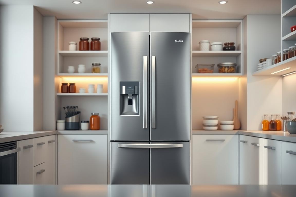 Sleek and modern kitchen with a stylish, frost-free refrigerator as the centerpiece. The refrigerator is positioned in the middle ground, its stainless steel exterior gleaming under the warm, diffused lighting. Surrounding it, the kitchen is meticulously organized, with neatly arranged shelves, jars, and containers, creating a sense of harmony and efficiency. The background features minimalist cabinetry and countertops, complementing the refrigerator's modern design. The overall atmosphere is one of sophistication and practicality, reflecting the optimal storage and organization capabilities of this state-of-the-art appliance.