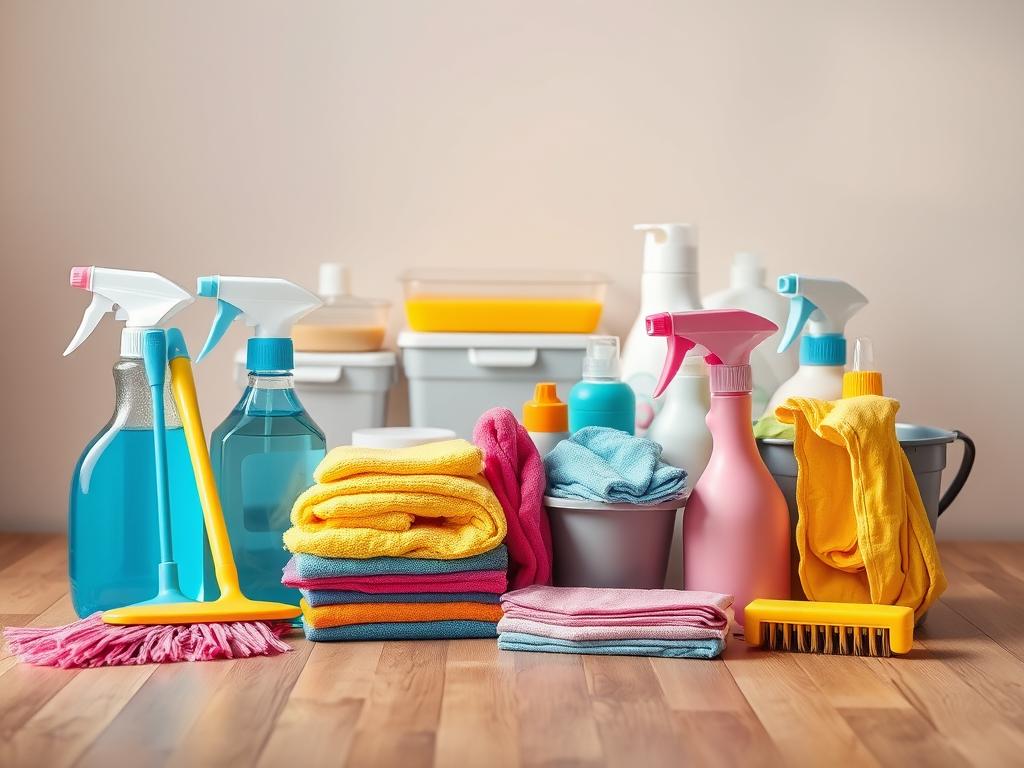 A well-lit, neatly arranged still life of cleaning and organization products on a wooden surface. In the foreground, a selection of spray bottles, scrub brushes, microfiber cloths, and sponges in a variety of bright, complementary colors. In the middle ground, stacked storage containers, laundry detergent, and a small bucket. In the background, a subtle gradient of soft lighting, creating a warm, inviting atmosphere. The overall composition emphasizes the practical, yet stylish nature of the cleaning tools, conveying a sense of efficiency and control.