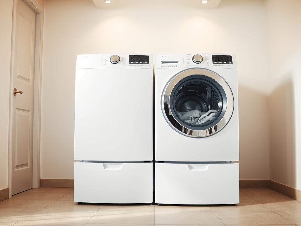 A modern, top-loading washing machine and dryer combination, standing in a bright, airy laundry room. The sleek, minimalist design features a smooth, white exterior with brushed metal accents. The machine has a large, transparent door, allowing you to see the clothes tumbling inside. Soft, even lighting from overhead fixtures creates a warm, welcoming ambiance. The machine occupies a prominent position, emphasizing its centrality in the efficient, organized space. The background showcases a tiled floor and neutral-toned walls, creating a clean, contemporary aesthetic that complements the appliance's modern design.