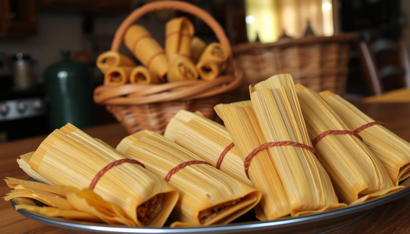 A platter of traditional handmade tamales, delicately wrapped in softened corn husks, resting on a wooden table. The tamales are in the foreground, their vibrant colors and textures inviting the viewer to experience their authentic flavors. In the middle ground, a rustic woven basket overflows with additional tamales, while in the background, a cozy kitchen scene with subtle natural lighting sets the stage for this homemade delight. The overall atmosphere evokes a sense of cultural heritage, warm family traditions, and the comforting aroma of freshly steamed tamales.