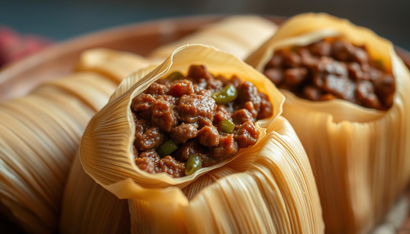 Freshly steamed beef tamales, their soft, pliable corn husks glistening in the warm light. The filling, a savory blend of slow-simmered beef, aromatic spices, and tangy green chiles, nestled within the pillowy masa dough. A close-up view, capturing the intricate folds and gentle curves of the tamale, inviting the viewer to imagine the explosion of flavors within. The background, softly blurred, allows the tamales to take center stage, the focus drawn to their enticing appearance. An inviting, mouthwatering scene, conveying the comforting, homemade quality of this iconic Mexican dish.
