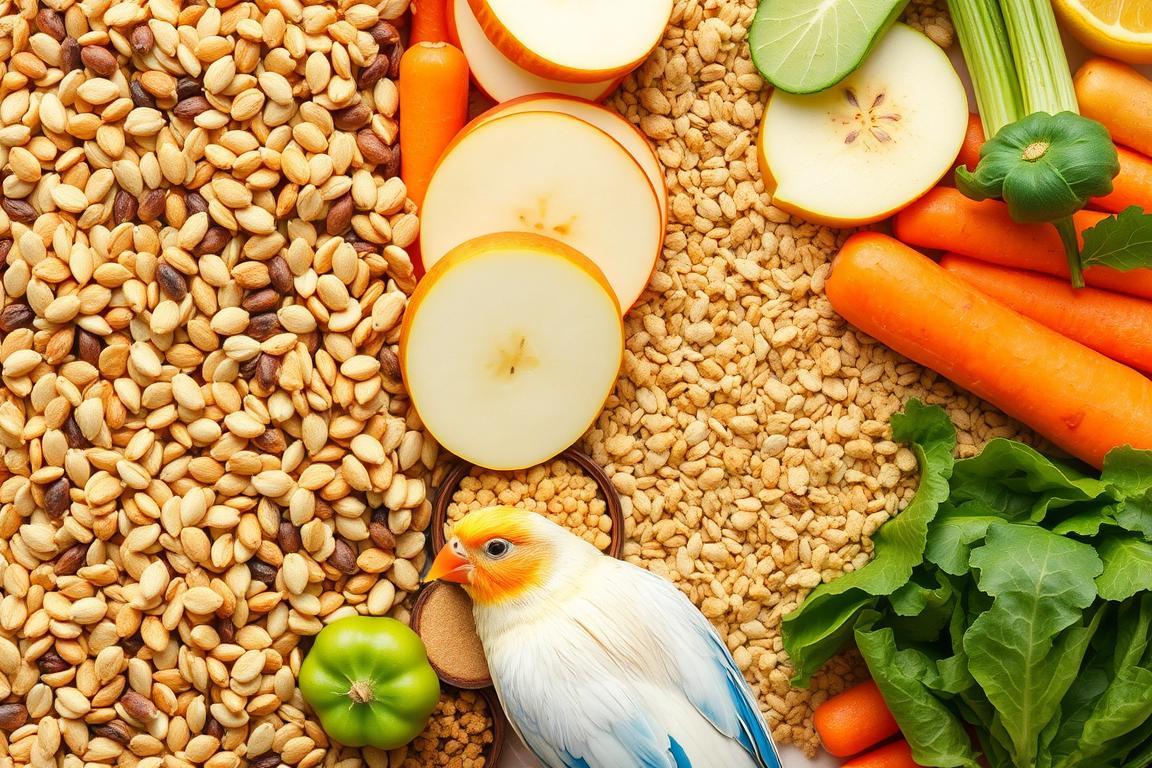 تشكيلة متنوعة من أطعمة الطيور الأليفة تشمل البذور والفواكه والخضروات