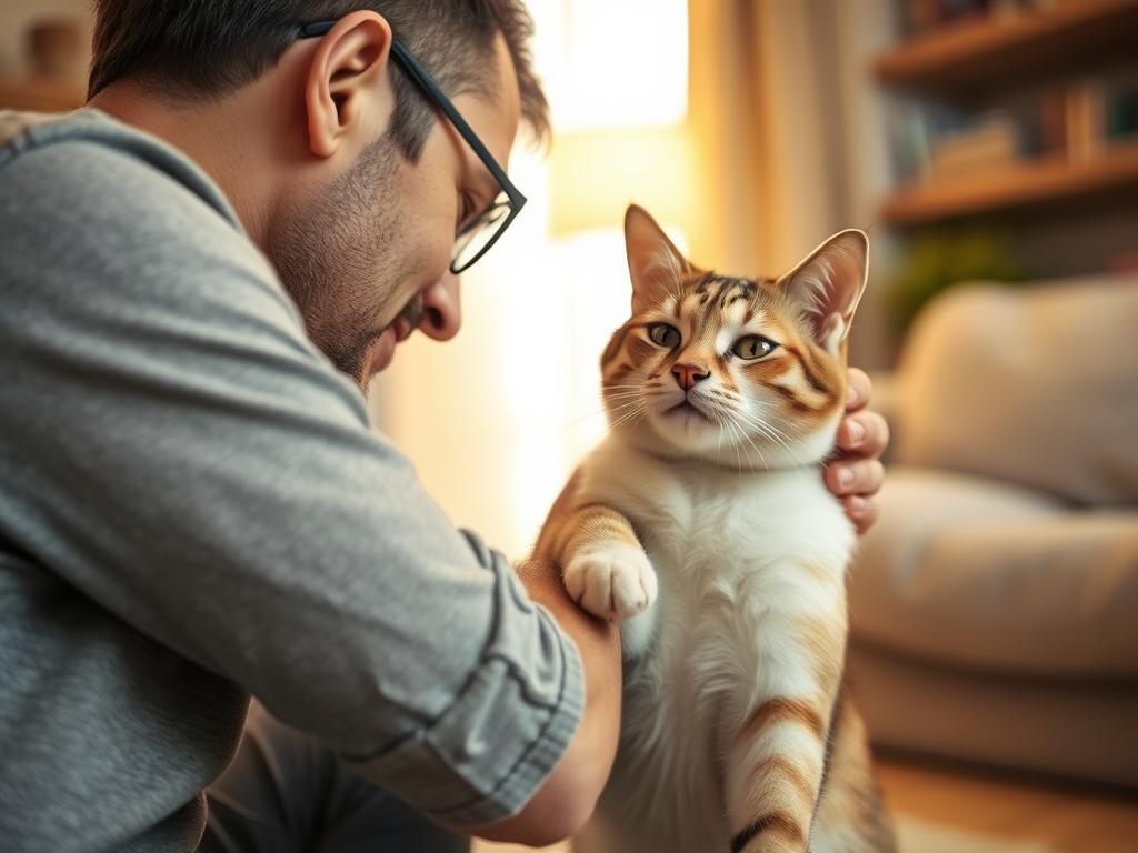 صاحب يتواصل مع قطته من خلال اللعب والمداعبة، مما يعزز الرفاهية النفسية لحيوانك الأليف