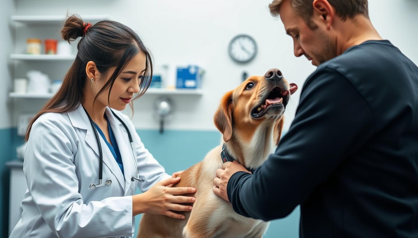طبيب بيطري متخصص في السلوك يقيم حالة كلب، خطوة مهمة لتحسين الرفاهية النفسية لحيوانك الأليف