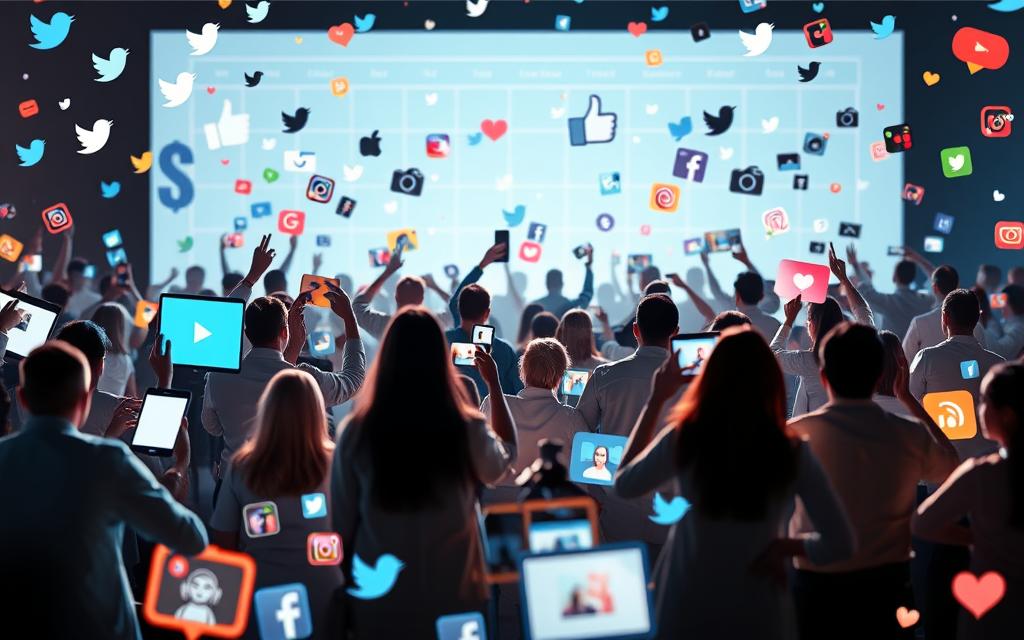 A vibrant social media landscape, filled with dynamic icons and engaging visuals. In the foreground, various platforms come to life - Twitter birds, Facebook thumbs-up, Instagram cameras - all seamlessly integrated. The middle ground features people interacting with these tools, sharing content, building connections. The background showcases a sleek, modern web design, with clean lines and subtle gradients, creating a sense of digital elegance. Lighting is soft and diffused, lending a welcoming, approachable feel. The overall composition exudes a sense of balance and harmony, reflecting the power of social media to attract and captivate online audiences.