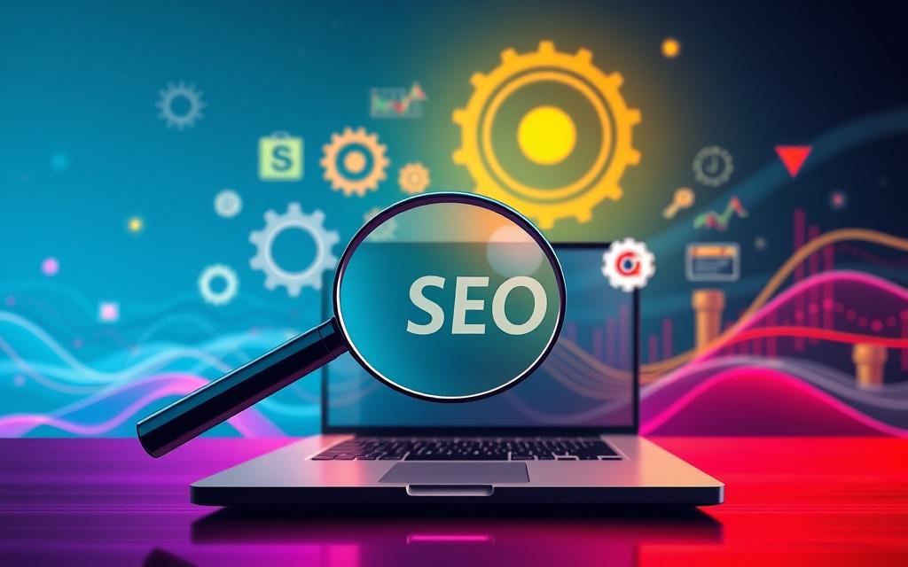 A high-contrast, detailed digital illustration depicting the concept of "SEO تحسين سرعة الموقع". In the foreground, a magnifying glass hovers over a sleek, modern laptop, highlighting the importance of website optimization. The middle ground features various SEO-related icons and symbols, including gears, search engine logos, and data visualizations, all rendered in a vibrant, neon-inspired color palette. The background is a dynamic, abstract landscape of intersecting lines, gradients, and geometric shapes, evocative of the complex algorithms and data flows that power search engine optimization. The overall mood is one of technological prowess, digital mastery, and the quest for online visibility and traffic.