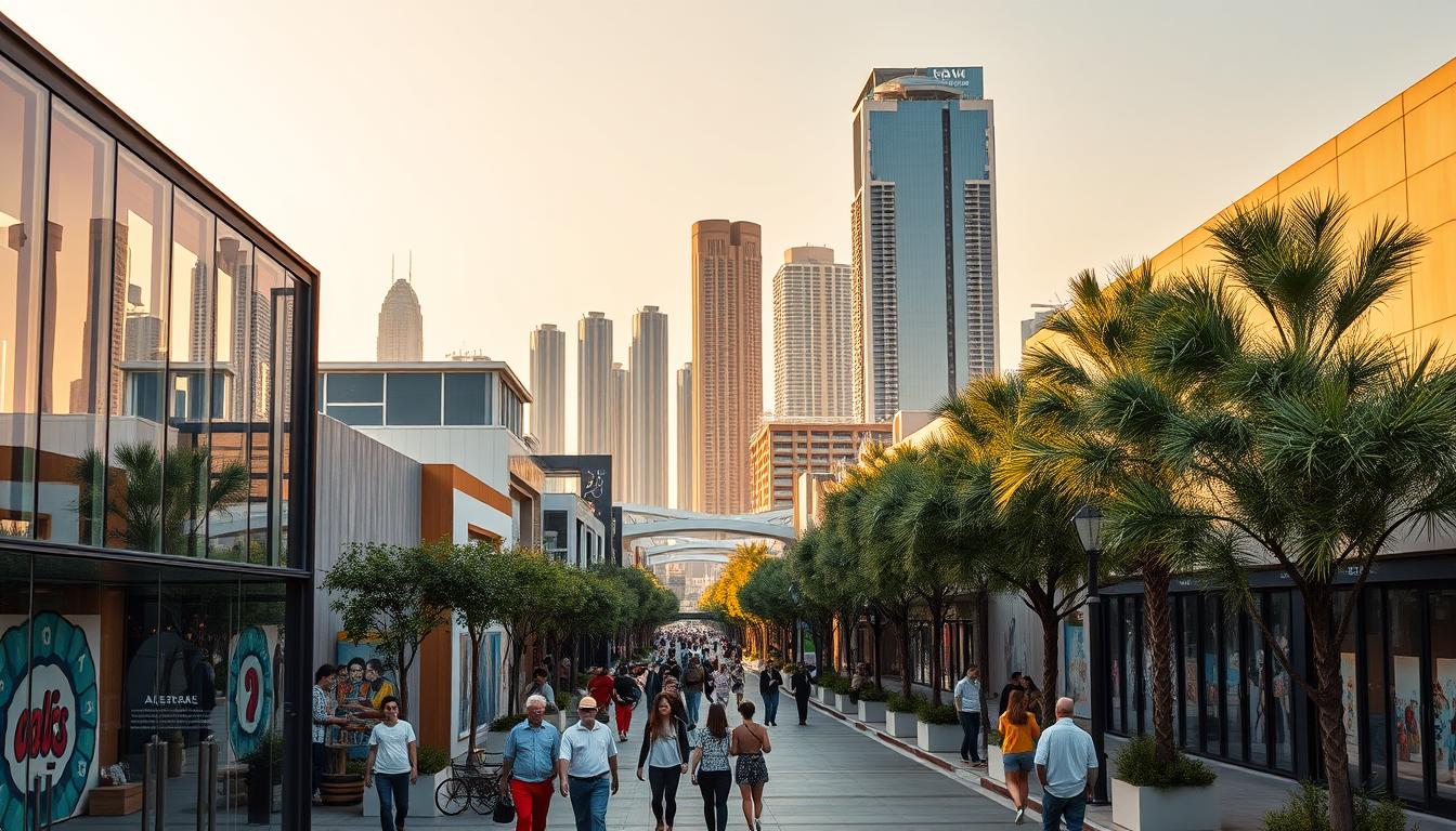 A bustling, vibrant cityscape showcasing the dynamic art scene of Alserkal Avenue in Dubai. The foreground features modern art galleries with large glass facades, their interiors visible through the windows. Visitors wander the tree-lined streets, admiring the striking murals and sculptures that adorn the walls. In the middle ground, sleek contemporary architecture houses trendy cafes, design studios, and independent boutiques. The background is dominated by the iconic skyline of Dubai, with its towering skyscrapers and gleaming high-rises bathed in warm, golden afternoon light. An atmosphere of creativity, culture, and urban sophistication permeates the scene.