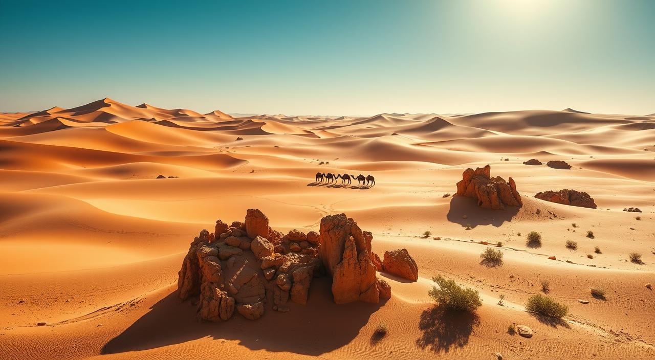 Camellos atravesando las dunas del Desierto del Sáhara al atardecer en Marruecos.