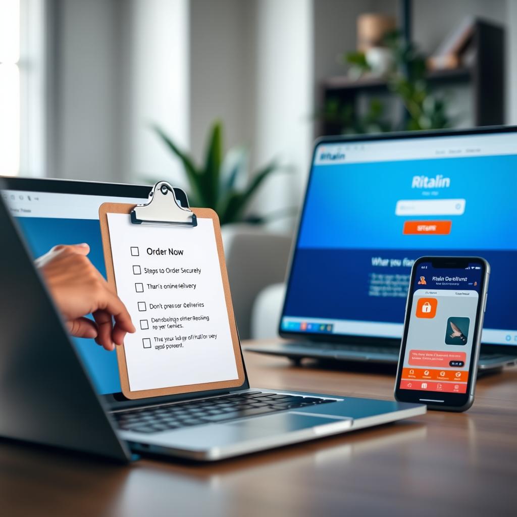 A professional setting depicting a secure online ordering process for Ritalin. In the foreground, a laptop is open displaying a streamlined, user-friendly website interface with an emphasis on security features, such as a padlock icon. A hand is shown clicking on a "Order Now" button. In the middle ground, a soft-focus representation of a clipboard with a checklist titled "5 Steps to Order Securely" next to a smartphone showcasing a discreet delivery service app. The background features a calming home office environment with neutral colors, soft lighting, and indoor plants to convey a sense of professionalism and trust. The atmosphere is focused, clean, and secure, reflecting a safe online shopping experience.