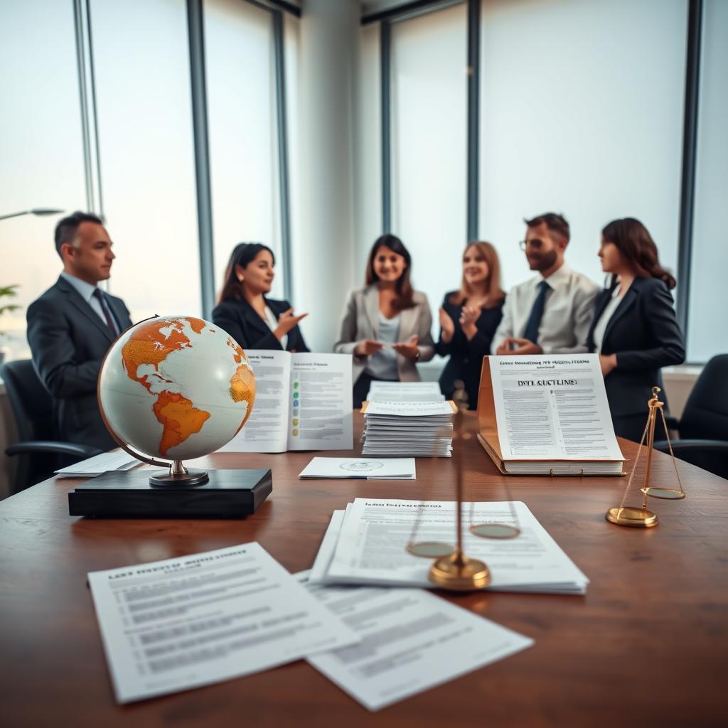 A professional office setting with a large wooden desk in the foreground, displaying various international shipping regulations documents, including guidelines and compliance checklists. A globe and a set of legal scales are placed on the desk, symbolizing global trade and law. In the middle ground, a diverse group of four business professionals in formal attire, engaged in a discussion, gesturing towards the documents. They convey a serious but collaborative atmosphere. The background features a large window with soft, natural lighting filtering in, illuminating the room. The overall mood is focused and informative, reflecting the importance of legal considerations in international shipping and prescription medication ordering.