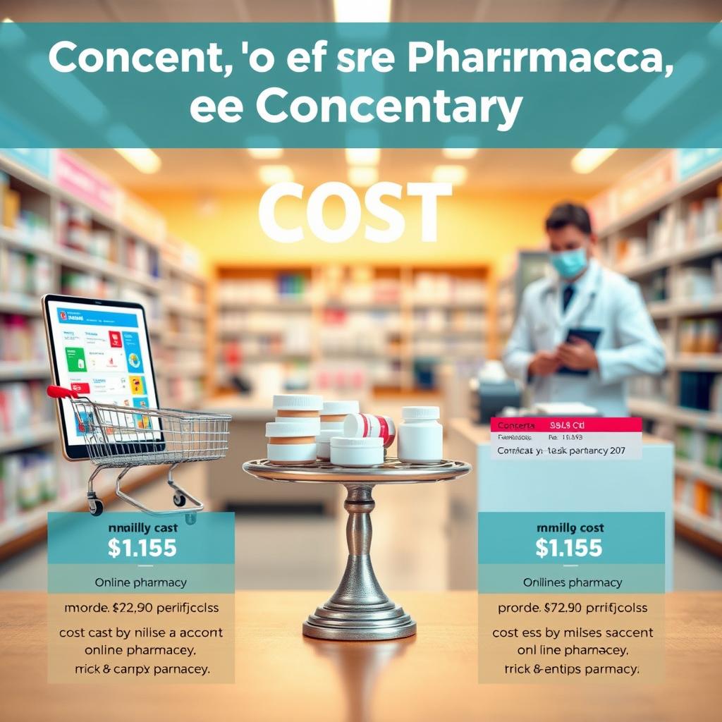 A detailed infographic comparing the cost of Concerta from online pharmacies versus traditional brick-and-mortar pharmacies. Foreground features two distinct sections: one side displaying a modern online pharmacy interface with a shopping cart and price tags, and the other side showcasing a traditional pharmacy counter with a pharmacist. The middle ground includes a scale balancing medicines and price labels. The background is a softly blurred pharmacy setting with warm lighting to create a professional and inviting atmosphere. The image should be composed with a slight overhead angle to emphasize both sides of the cost comparison, using clear, vivid colors to convey information effectively. No text or additional elements should clutter the image.