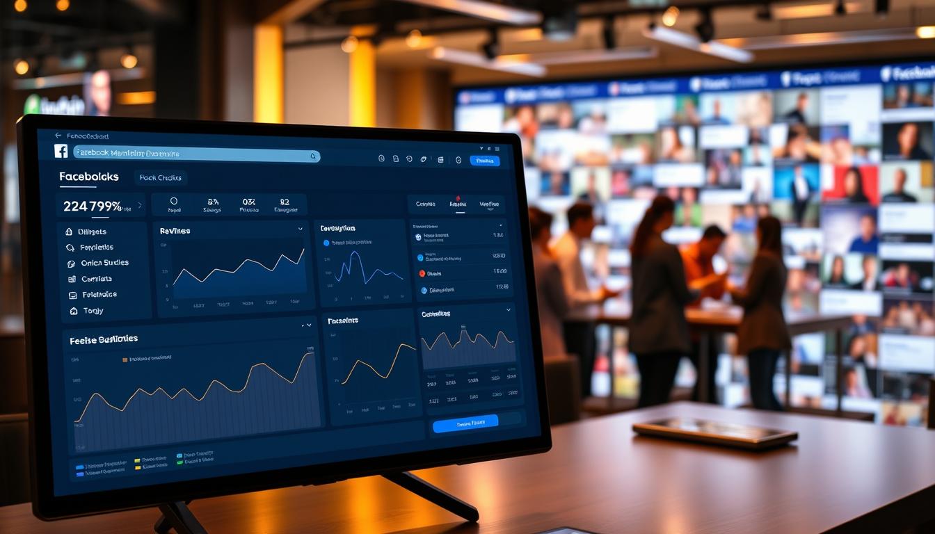 A professional, elegant Facebook monetization dashboard displayed prominently in the foreground, featuring intuitive controls and real-time analytics. In the middle ground, a team of social media experts collaborating, strategizing ways to maximize content reach and engagement. The background showcases a vibrant, bustling Facebook feed, filled with diverse content and lively user interactions, all bathed in a warm, inviting lighting that enhances the productive, innovative atmosphere. The overall composition conveys a sense of efficiency, expertise, and the untapped potential of Facebook's monetization capabilities.