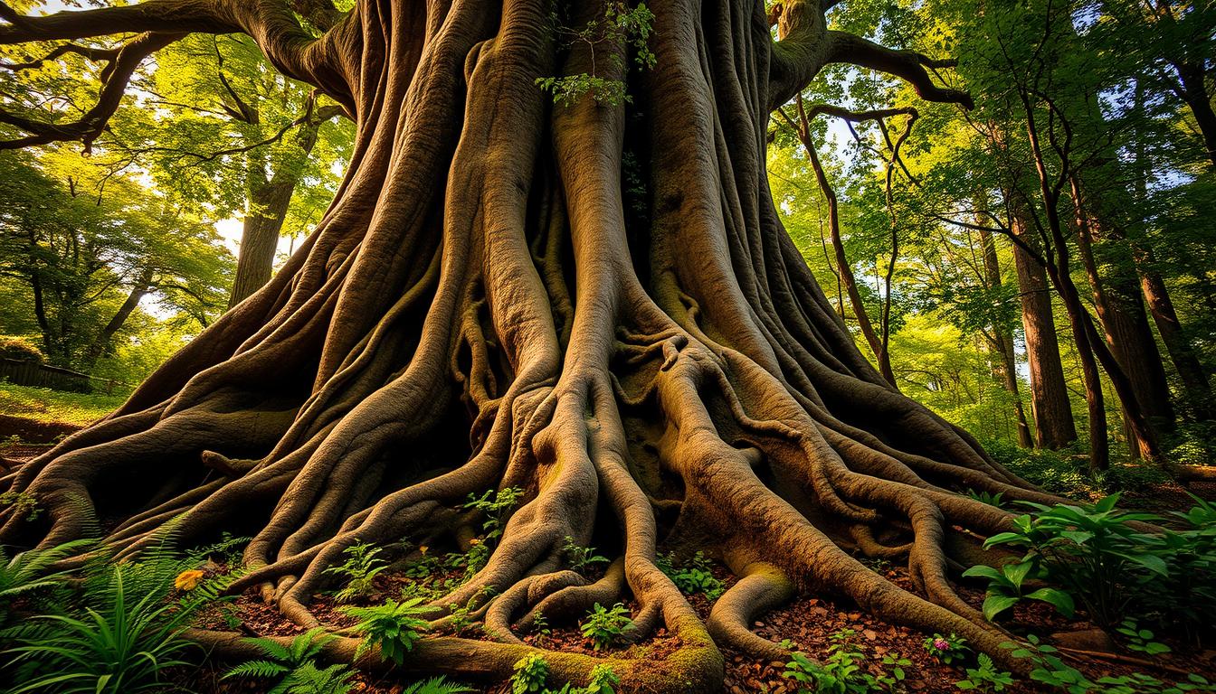 A lush, verdant forest scene with a towering, ancient tree at the center. Its gnarled, twisted roots emerge from the rich, loamy soil, intertwining with the undergrowth. Warm, golden sunlight filters through the canopy of verdant leaves, casting a soft, natural glow on the scene. The tree's thick, weathered bark is a deep, earthy brown, with intricate patterns and textures that hint at its age and wisdom. In the foreground, a variety of indigenous flora, such as ferns, mosses, and vibrant wildflowers, create a sense of natural abundance and diversity. The overall mood is one of tranquility, reverence, and a deep connection to the natural world.