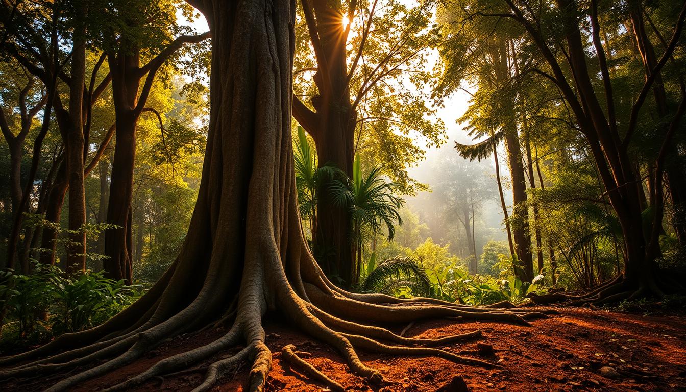 A dense, lush rainforest setting, with towering trees and a mosaic of verdant foliage. In the foreground, a gnarled, ancient-looking tree trunk emerges from the rich, earthy soil, its roots snaking outwards. The bark is rough and weathered, with deep grooves and crevices that suggest the passage of many years. Rays of warm, golden sunlight filter through the canopy, casting a soft, natural glow over the scene. In the background, the forest recedes into a hazy, dreamlike distance, hinting at the mysteries and traditions that may be hidden within. The overall atmosphere is one of timelessness, reverence, and the enduring power of nature's most resilient and valuable resources.