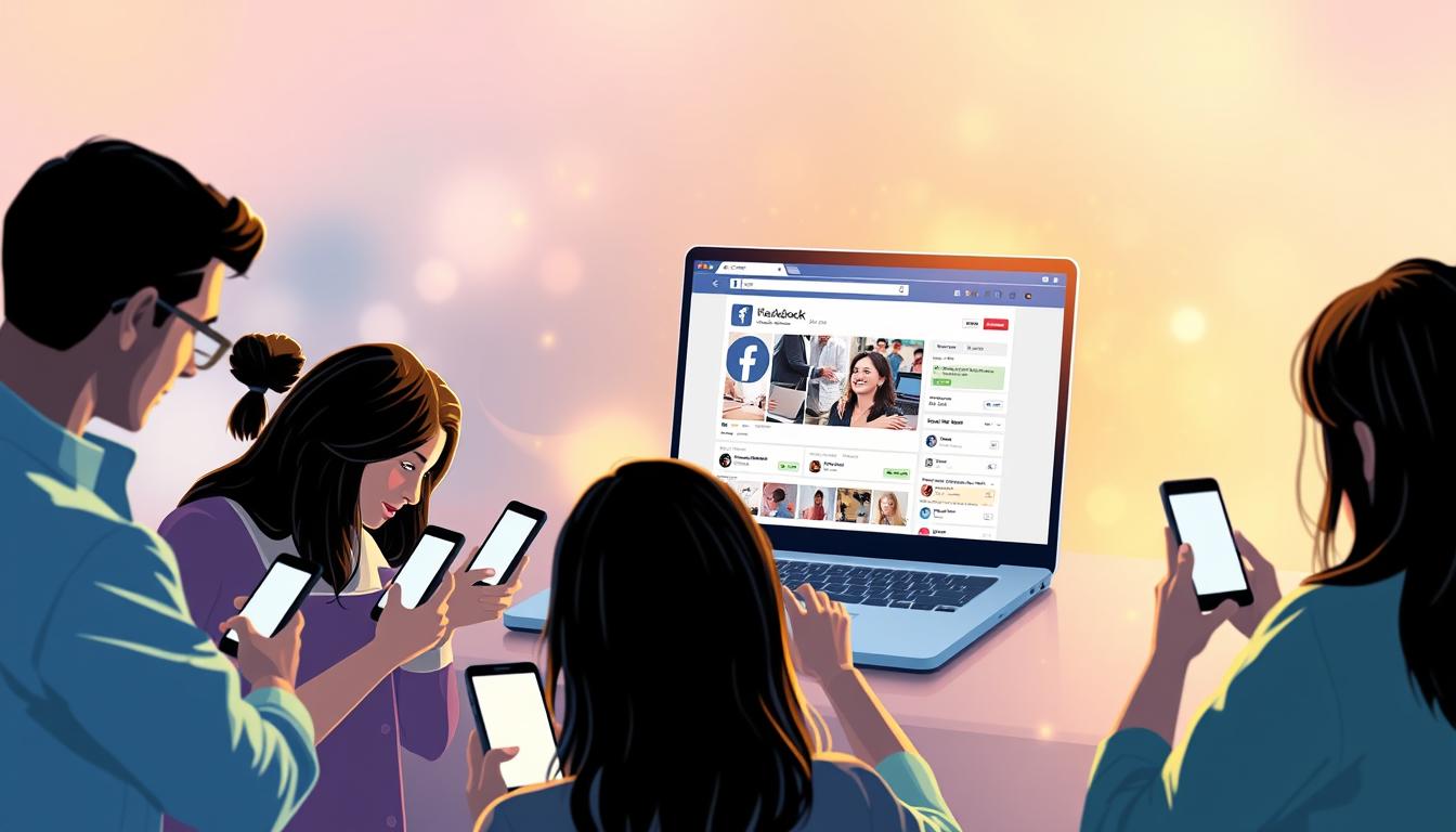 A vibrant digital illustration showcasing the potential of online business opportunities on Facebook. In the foreground, a dynamic and diverse group of people engage with their smartphones, exploring various Facebook features. The middle ground features a sleek, modern laptop displaying a Facebook interface, highlighting the platform's capabilities for professional monetization. The background frames this scene with a warm, ethereal glow, conveying a sense of possibility and optimism. The lighting is soft and diffused, creating a polished, high-quality aesthetic. Captured with a wide-angle lens, the composition emphasizes the interconnectedness and potential of the Facebook ecosystem for entrepreneurial endeavors.