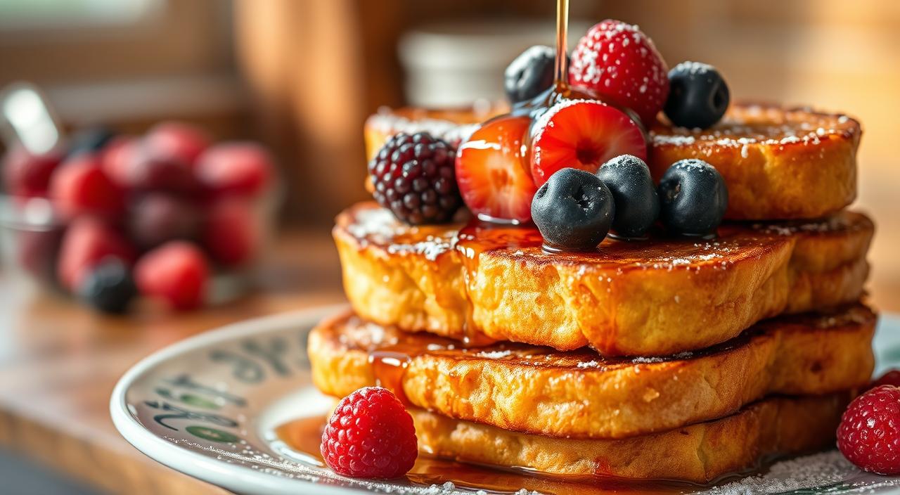 Fluffy French Toast with Fresh Strawberries and Maple Syrup Golden brown fluffy French toast topped with strawberries and powdered sugar, drizzled with maple syrup on a rustic wooden table.