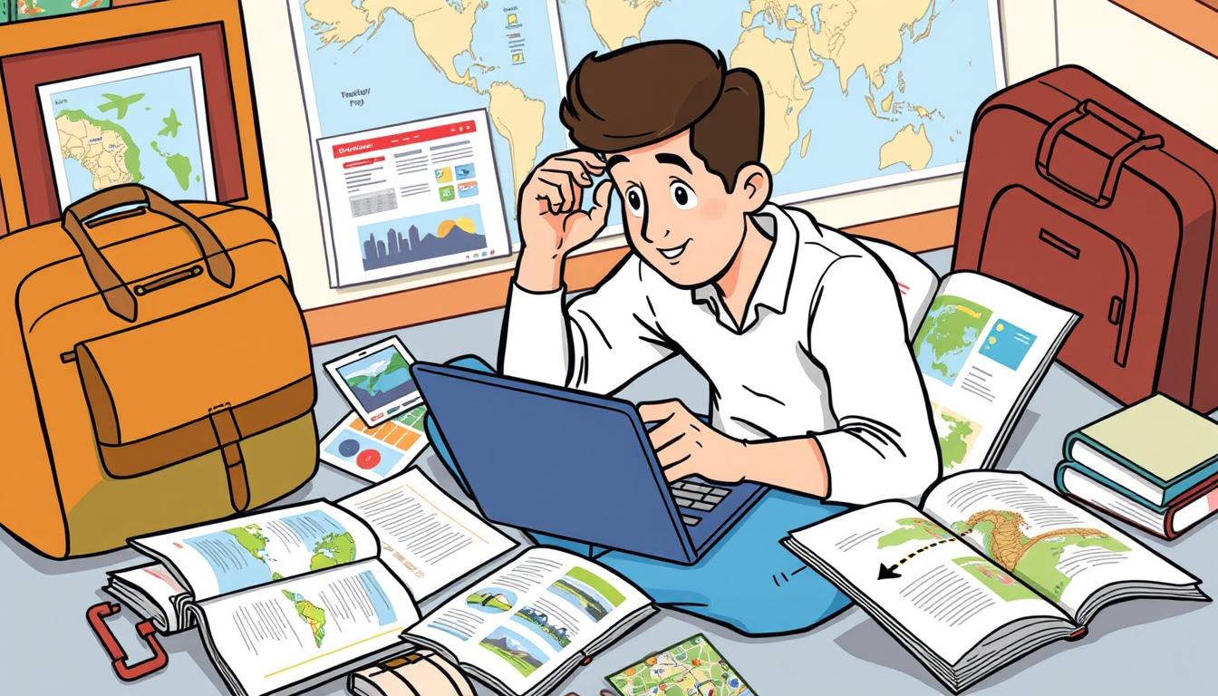 Image of a traveler budgeting with a laptop and travel guides