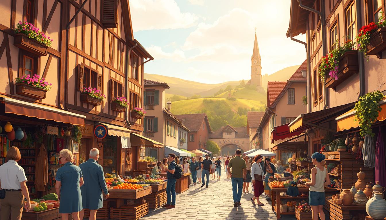 A vibrant street scene in a quaint European village, bathed in warm, golden afternoon light. In the foreground, locals gather around a lively outdoor market, haggling over fresh produce and handcrafted goods. Wooden stalls display an array of colorful textiles, pottery, and artisanal wares. Middle-ground buildings feature intricate architectural details, with window boxes overflowing with fragrant flowers. In the background, rolling hills and a medieval church steeple rise up, creating a picturesque pastoral backdrop. Everyday-Expertise.