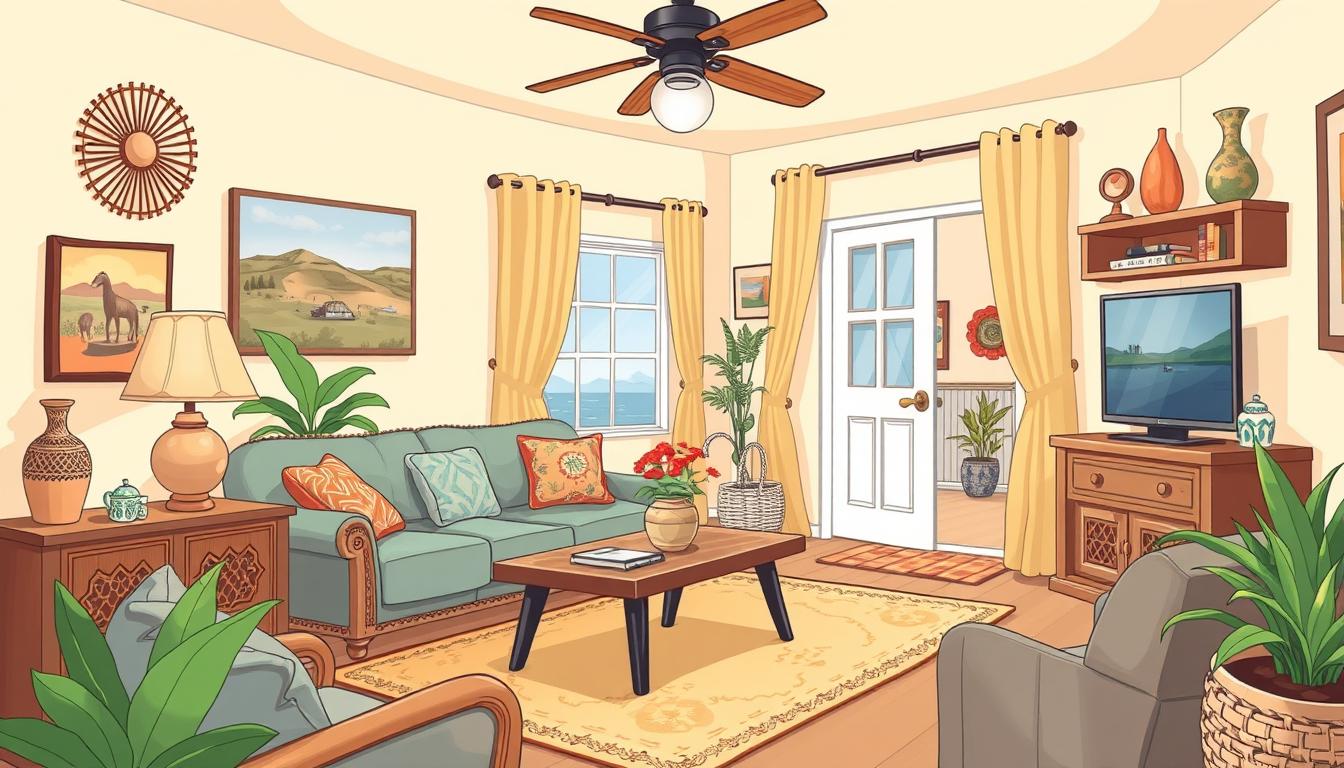 Image of a cozy, locally decorated vacation rental with a welcoming host in the background.
