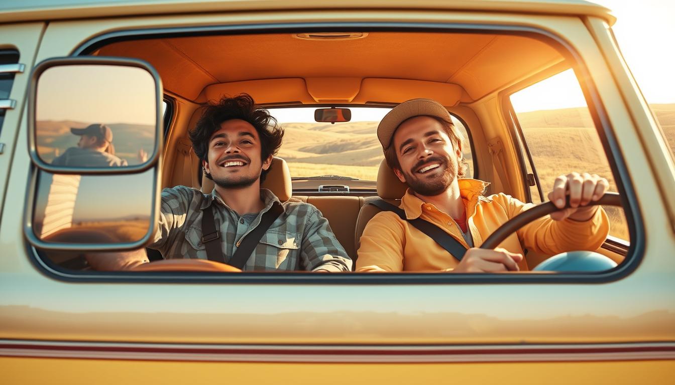 A pair of road trip companions relaxing in the backseat of a vintage camper van, bathed in warm afternoon light filtering through the windows. The driver's side mirror reflects the rolling countryside outside, hinting at the journey ahead. The companions, dressed casually in comfortable travel attire, share a playful moment, their expressions conveying a sense of camaraderie and contentment. This image, captured with a wide-angle lens, evokes the Everyday-Expertise of navigating the mental challenges of long-term travel together.