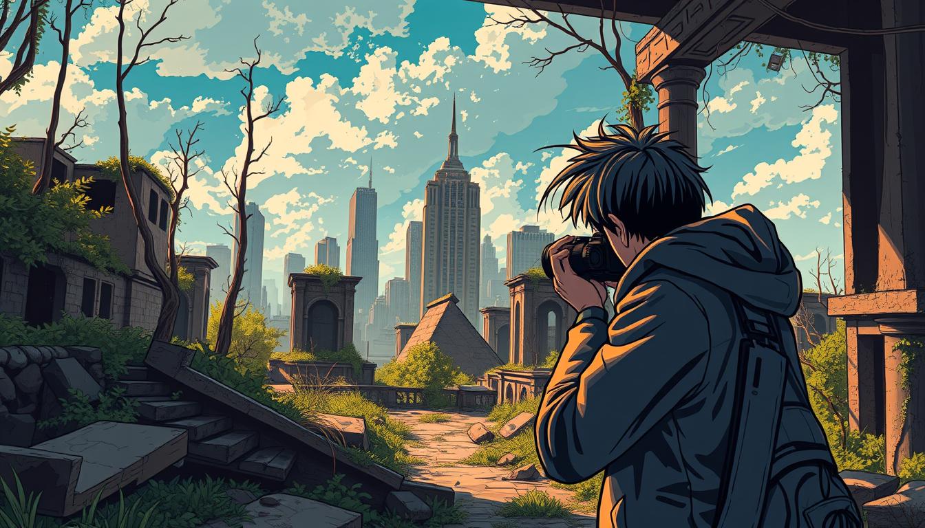 Generate an image of a photographer capturing the essence of an abandoned cityscape.