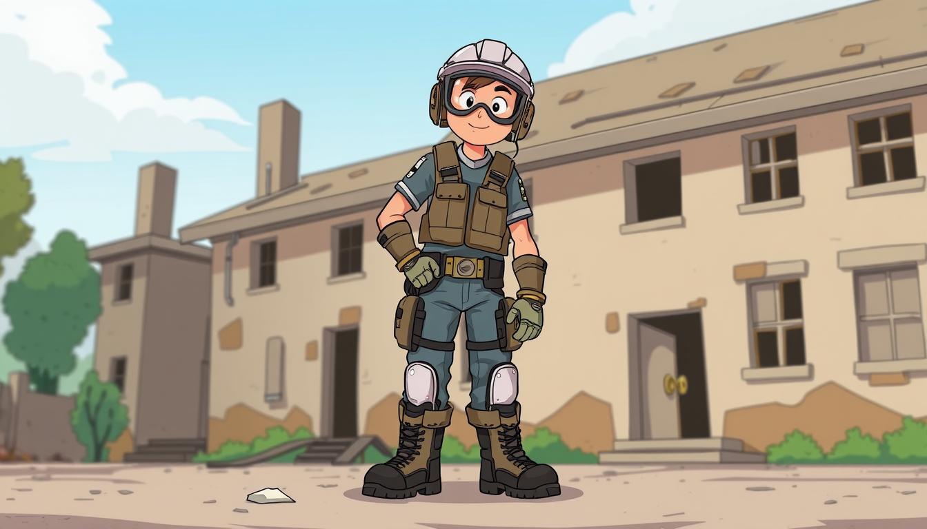 Image of a person wearing protective gear, including a helmet, gloves, and sturdy boots, standing in front of an abandoned building.