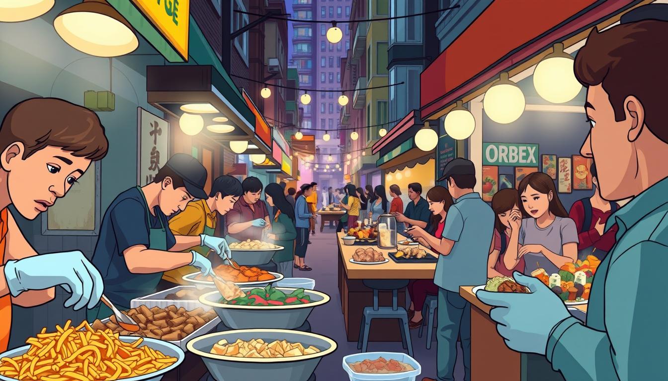 A bustling street food market in a vibrant city, showcasing the Everyday-Expertise in food safety. In the foreground, vendors prepare fresh dishes with meticulous attention to cleanliness, their hands adorned with gloves. The middle ground features customers eagerly sampling the diverse culinary offerings, captivated by the tantalizing aromas. In the background, a well-lit alleyway leads to other stalls, where diners savor their meals at communal tables under the glow of string lights. The scene conveys a sense of culinary adventure and responsible food handling, inviting the viewer to explore the city's vibrant street food scene with confidence and peace of mind.
