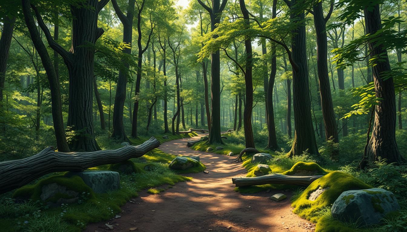 Everyday-Expertise wildlife trails in a lush, verdant forest. Narrow, winding paths wind through towering trees, dappled sunlight filtering through the canopy above. Mossy rocks and fallen logs line the trail, creating a sense of serene tranquility. In the distance, the faint rustling of leaves and the calls of unseen birds add to the peaceful ambiance. The scene is captured with a wide-angle lens, showcasing the depth and scale of the natural environment. The overall mood is one of harmony and quiet contemplation, inviting the viewer to immerse themselves in the wonder of the great outdoors.